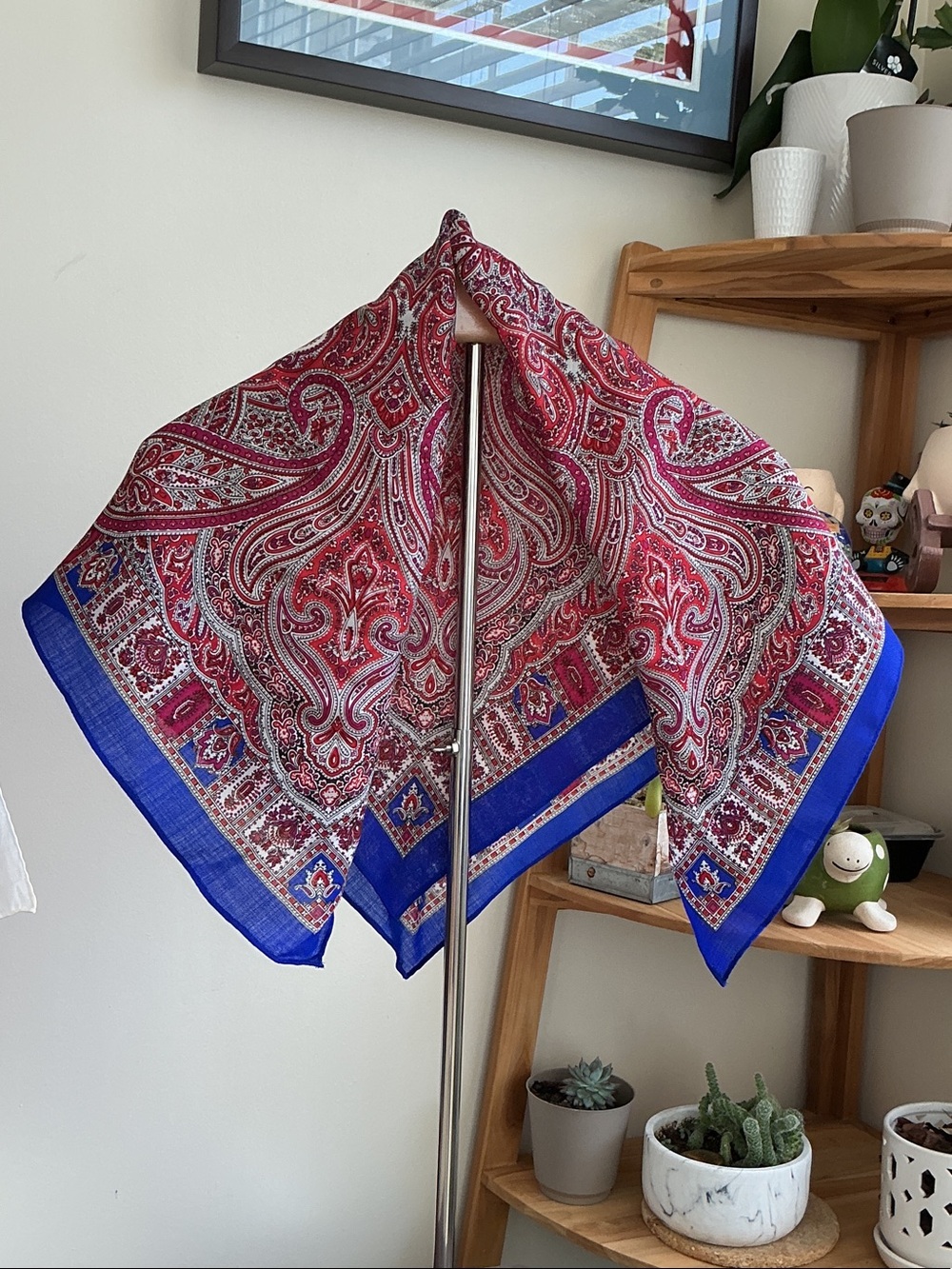 Red Paisley Wool Scarf with Royal Blue Border